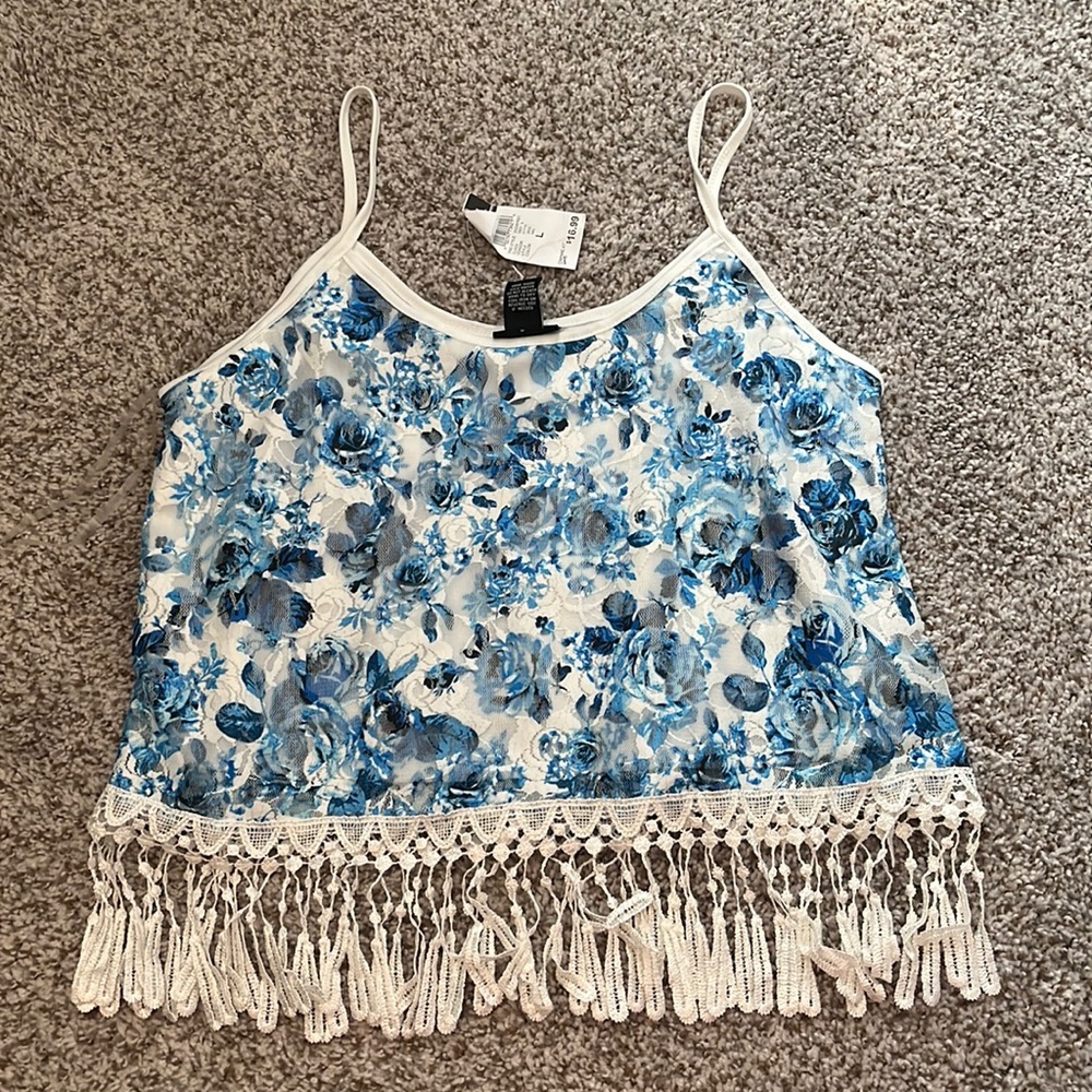 Blue floral cropped tank top.